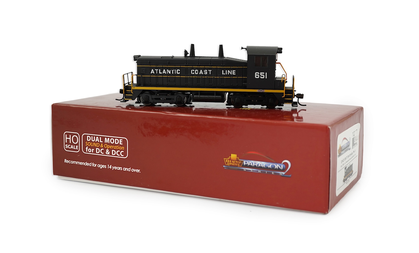 A boxed HO gauge Broadway Limited Paragon 2 Series (1215) model of Atlantic Coast Line, EMD SW7 Switcher PHII, 651, Bo-Bo diesel locomotive, powered for two rail operation.